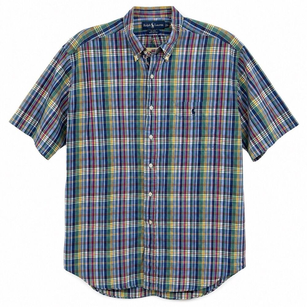 Ralph Lauren Blake Large Blue Madras Plaid Short Sleeve Button Down Preppy Shirt